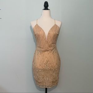 Symphony Plunging Bodycon Beaded Mini Dress Champagne Gold Size S